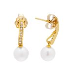Gold earrings K9 with freshwater pearl and zircon
